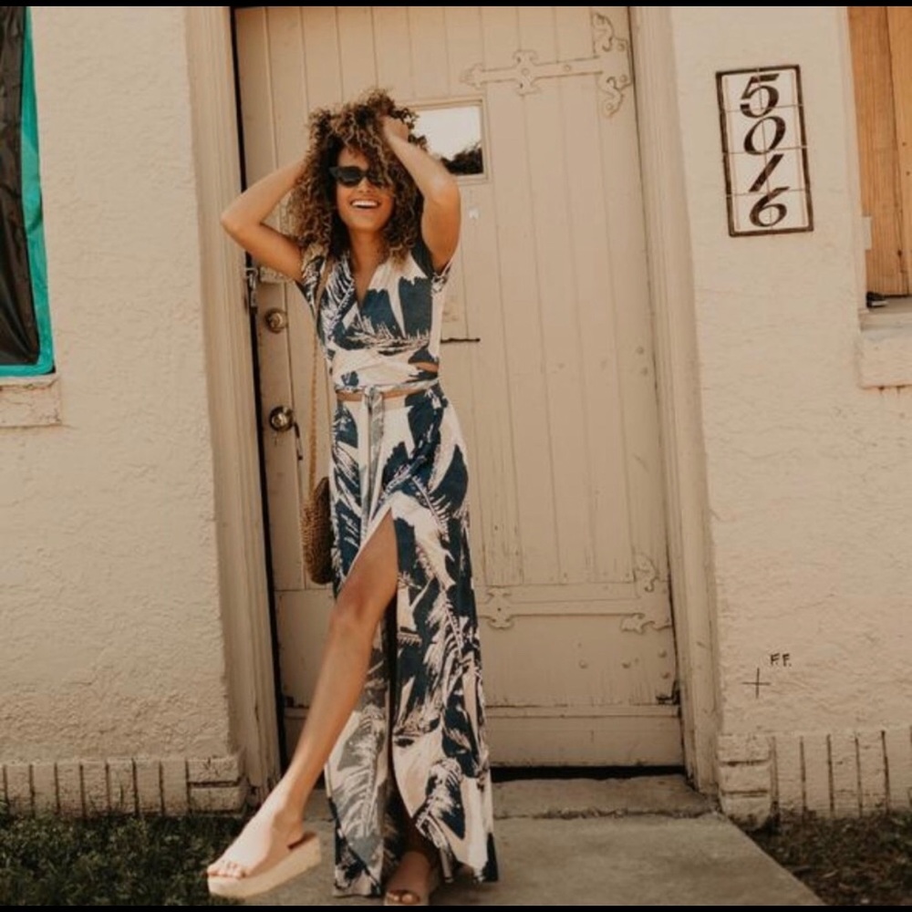 Halter wrap top and floral skirt set